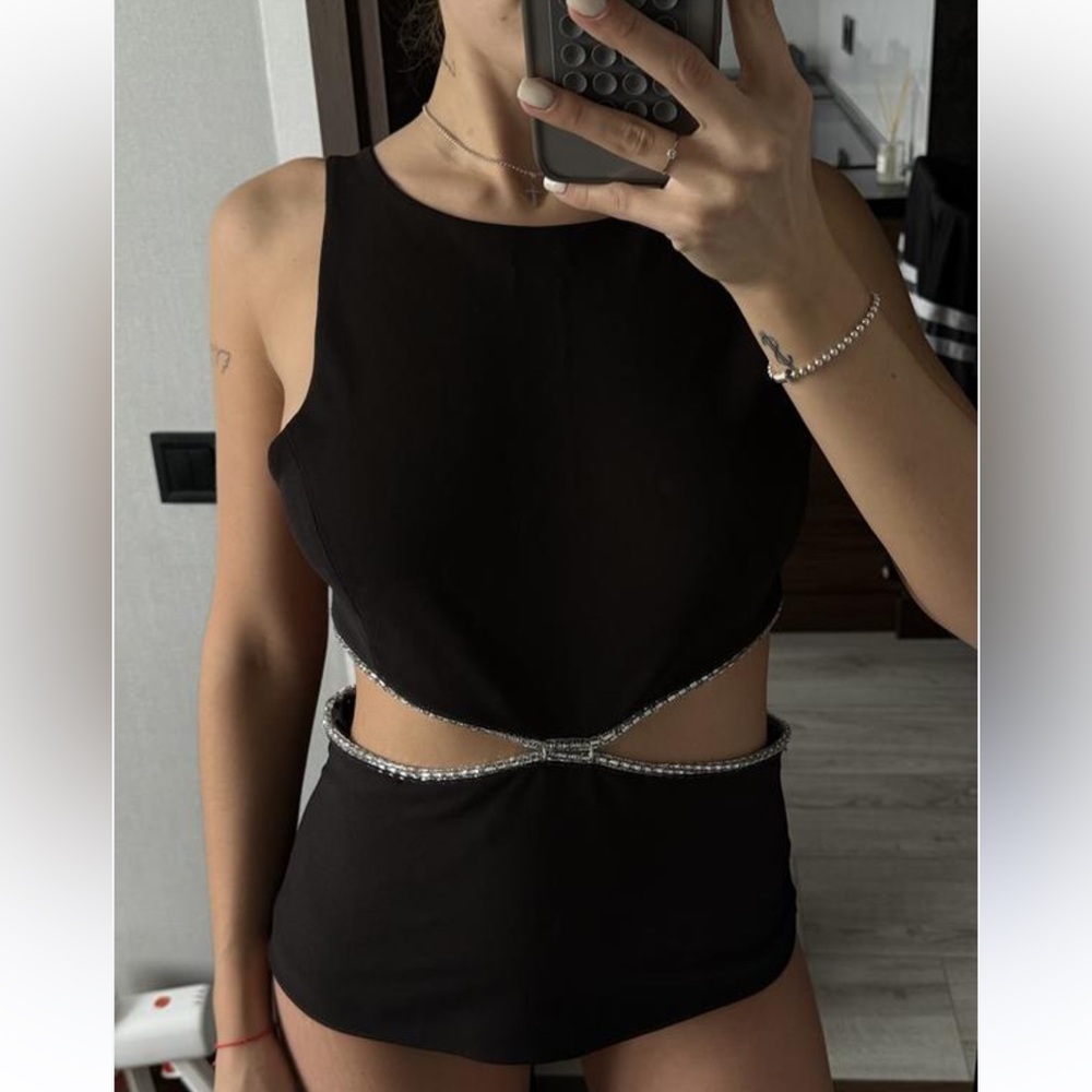 ZARA Black Rhinestone Trim Cutout Sleeveless Top